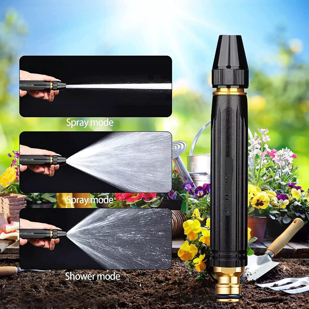 Portable High Pressure Washing Water Nozzle with 3 Attachments (Black)