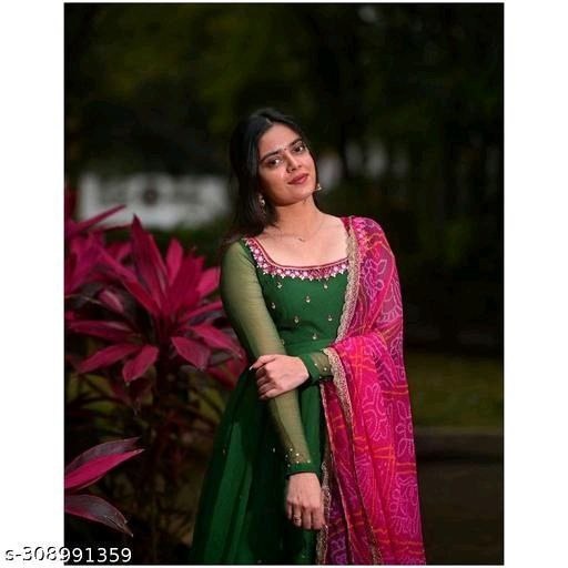 Women’s Solid Georgette Gown Kurta Set with Dupatta
