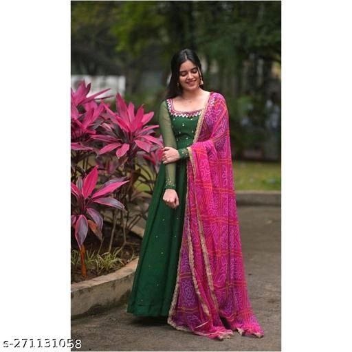 Women’s Solid Georgette Gown Kurta Set with Dupatta