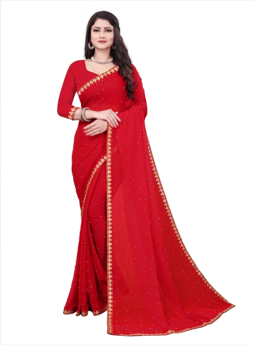 Red Women's Saree, 5.5 m with 0.8 m Blouse Piece