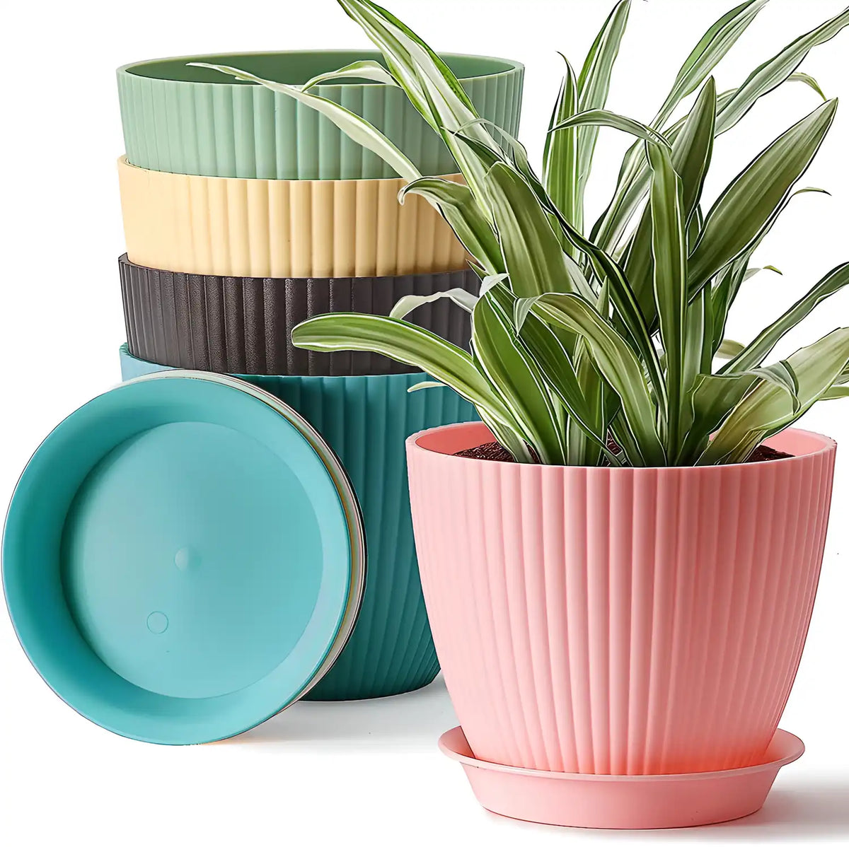 Round Plastic Flower Pot with Drainage Tray