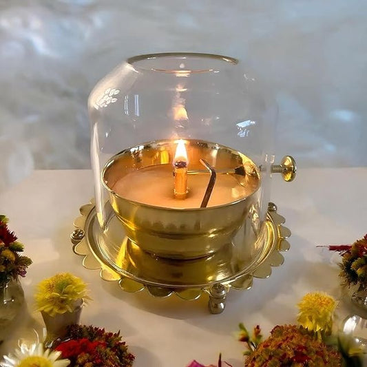 Akhand Diya Lamp with Glass and Adjustable Wick