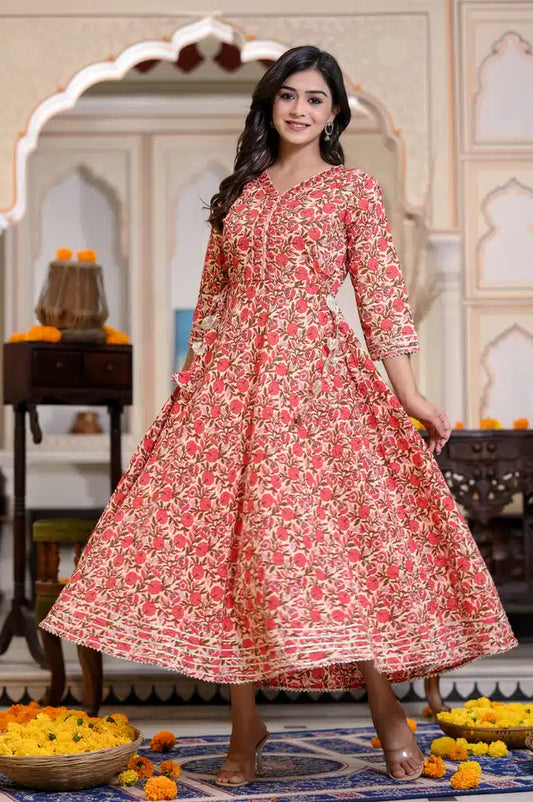 Women's Red Printed Cotton Anarkali Kurti